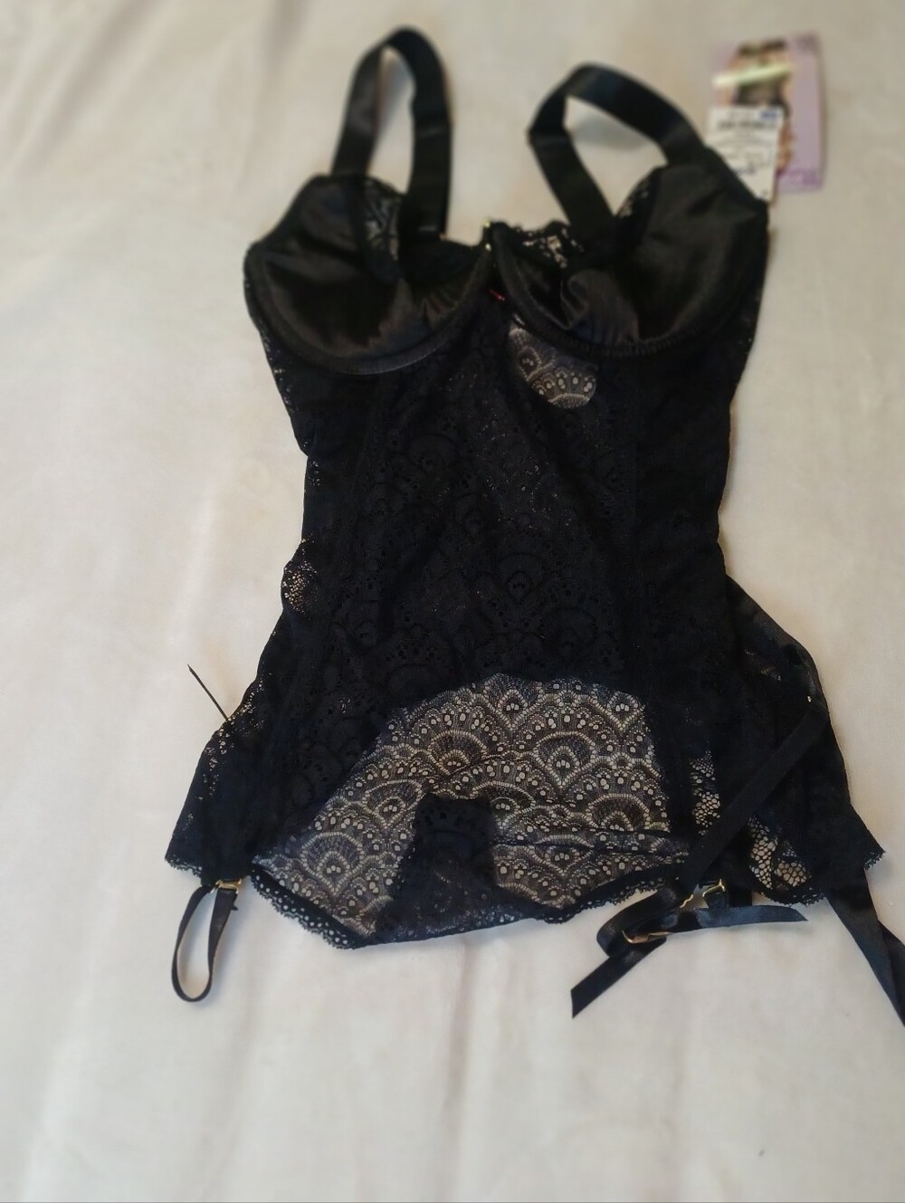 Seven 'til Midnight Black Lace Garter Teddy Bodysuit NWT XL